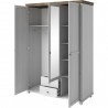 Armoire dressing 3 portes, 2 tiroirs, 7 niches et 1 penderie, couleur bois et blanc, Gamme EvoBlanc