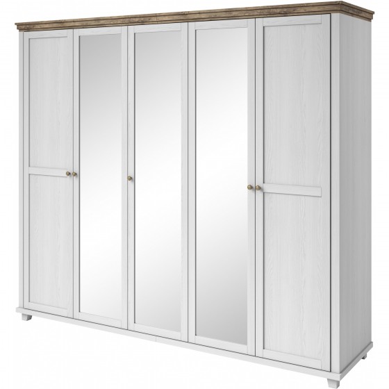 Armoire dressing 5 portes, 7 niches et 2 penderies, couleur bois et blanc, Gamme EvoBlanc