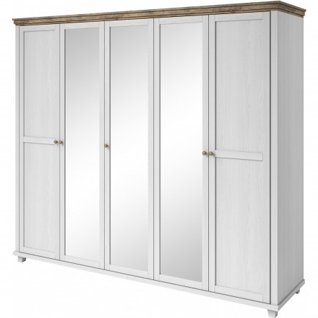 Armoire dressing 5 portes, 7 niches et 2 penderies, couleur bois et blanc, Gamme EvoBlanc
