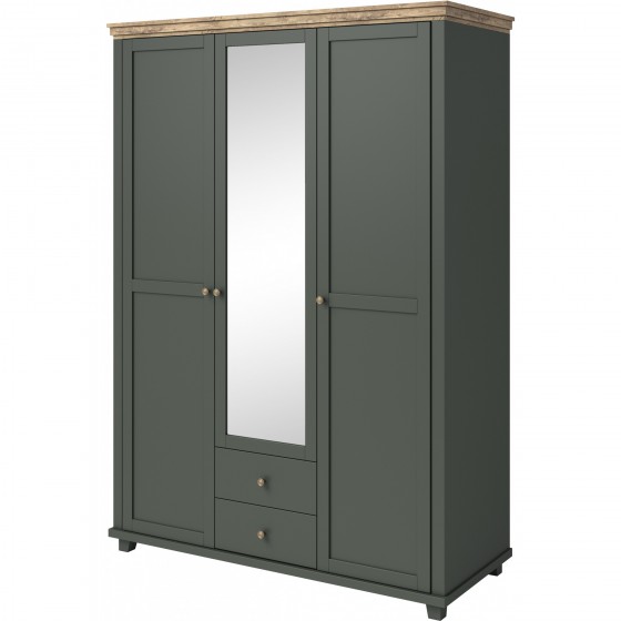Armoire dressing 3 portes, 2 tiroirs, 7 niches et 1 penderie, couleur bois et vert, Gamme EvoVert