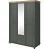 Armoire dressing 3 portes, 2 tiroirs, 7 niches et 1 penderie, couleur bois et vert, Gamme EvoVert