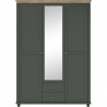 Armoire dressing 3 portes, 2 tiroirs, 7 niches et 1 penderie, couleur bois et vert, Gamme EvoVert