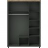 Armoire dressing 3 portes, 2 tiroirs, 7 niches et 1 penderie, couleur bois et vert, Gamme EvoVert