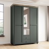 Armoire dressing 3 portes, 2 tiroirs, 7 niches et 1 penderie, couleur bois et vert, Gamme EvoVert