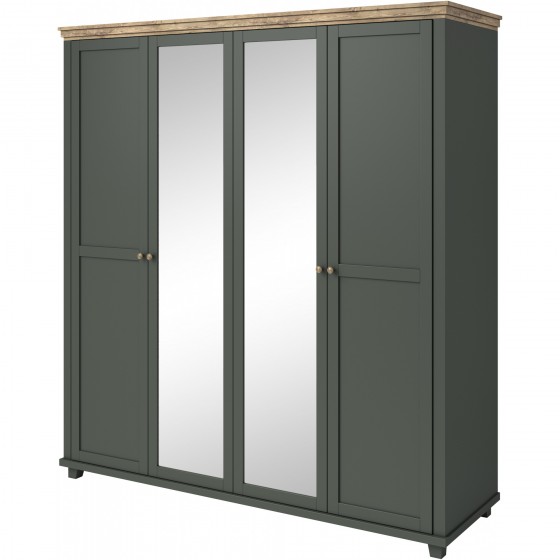 Armoire dressing 4 portes, 6 niches et 1 penderie, couleur bois et vert, Gamme EvoVert