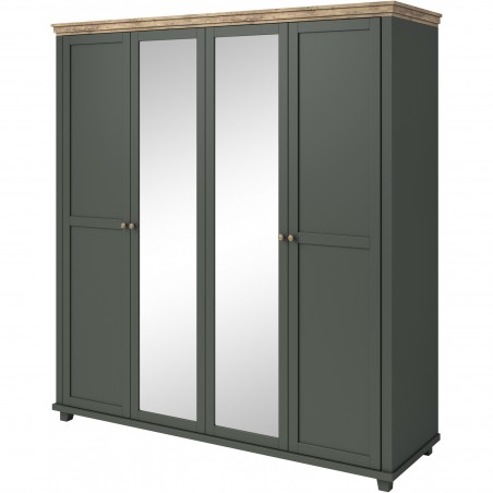 Armoire dressing 4 portes, 6 niches et 1 penderie, couleur bois et vert, Gamme EvoVert