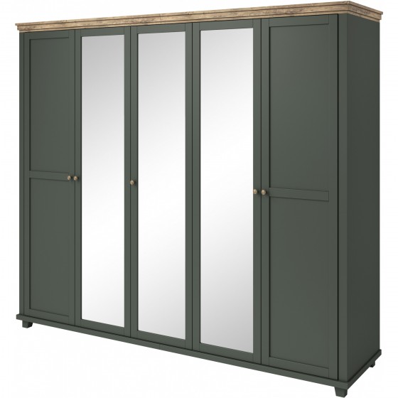 Armoire dressing 5 portes, 7 niches et 2 penderies, couleur bois et vert, Gamme EvoVert