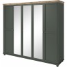 Armoire dressing 5 portes, 7 niches et 2 penderies, couleur bois et vert, Gamme EvoVert