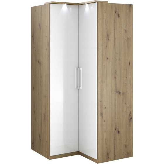 Armoire dressing, d'angle, 2 niches et 2 penderies, couleur blanc et bois, Gamme MitaBois