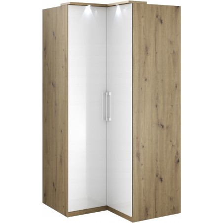 Armoire dressing, d'angle, 2 niches et 2 penderies, couleur blanc et bois, Gamme MitaBois