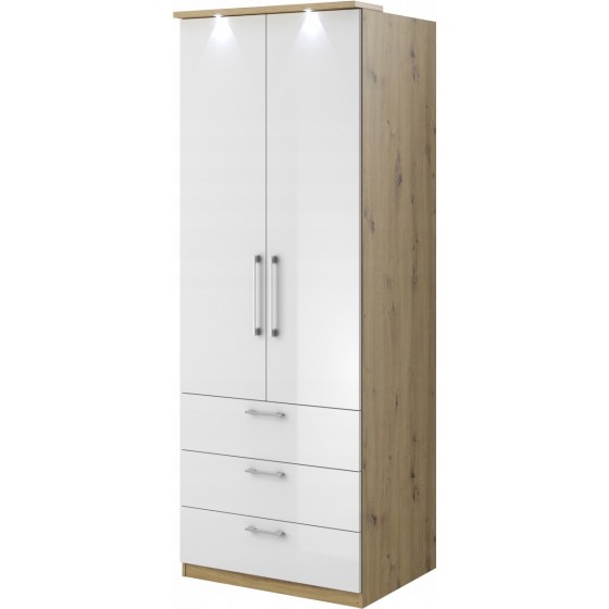 Armoire dressing, 2 portes 3 tiroirs et 1 penderie, couleur blanc et bois, Gamme MitaBois