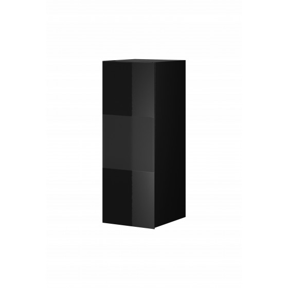 Etagère murale, 1 porte semi vitrée et 3 niches, couleur verre noir / noir, Gamme LioNoir