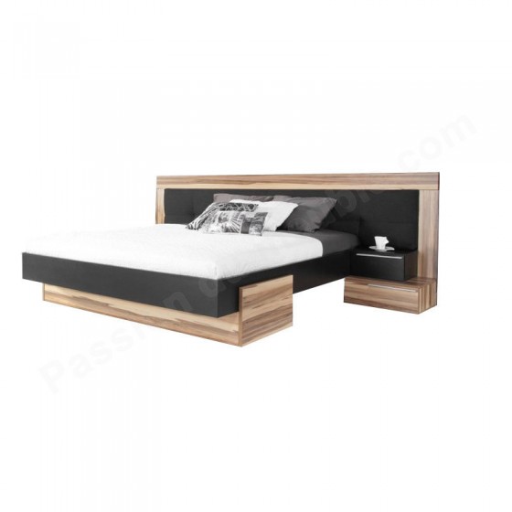 Lit double design adulte 160 x200 cm, noyer et noir, Gamme mya