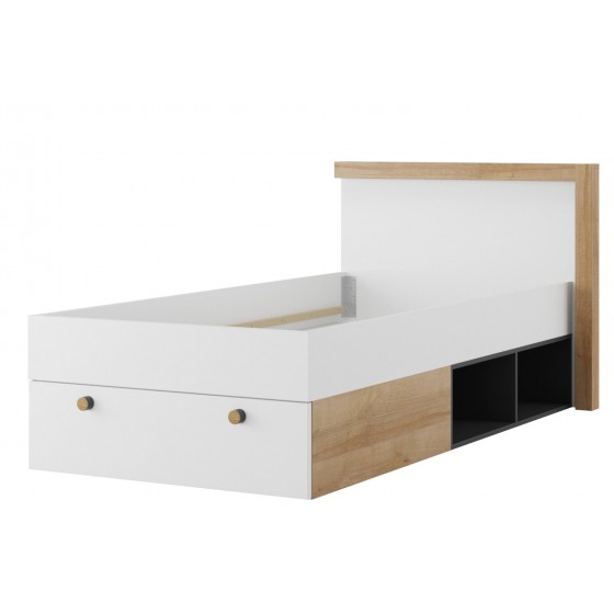 Lit enfant en bois chêne et blanc, 1 tiroir, 4 niches, Gamme ypres