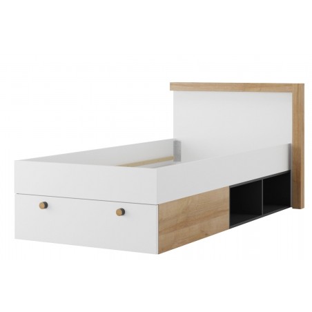 Lit enfant en bois chêne et blanc, 1 tiroir, 4 niches, Gamme ypres