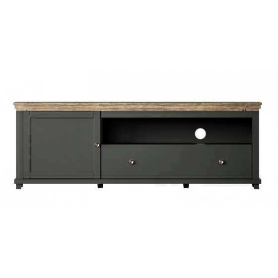 Meuble TV 1 porte 1 tiroir et 1 niche, couleur vert et chêne, Gamme Evovert