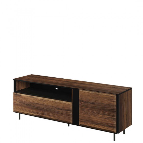 Meubles TV 2 portes et 1 niches, couleur noir et bois, Gamme SANTANA