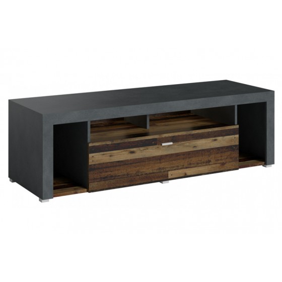 Meuble TV 1 tiroir et 4 niches, couleur noir et bois, Gamme Nala