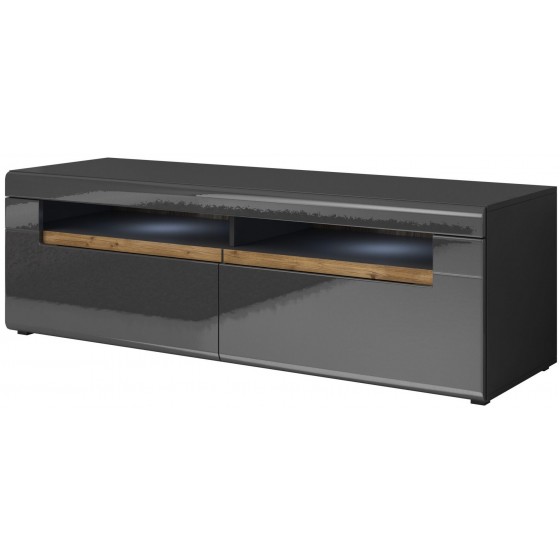Meuble TV 2 tiroirs et 2 niches, couleur noir et bois, Gamme TOREKB
