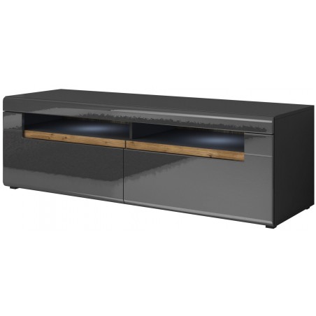 Meuble TV 2 tiroirs et 2 niches, couleur noir et bois, Gamme TOREKB