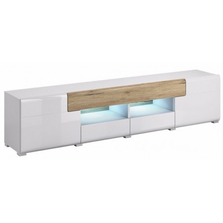 Meubles TV 2 portes 4 tiroirs et 2 niches, couleur blanc et chêne, Gamme Dole