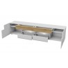 Meubles TV 2 portes 4 tiroirs et 2 niches, couleur blanc et chêne, Gamme Dole