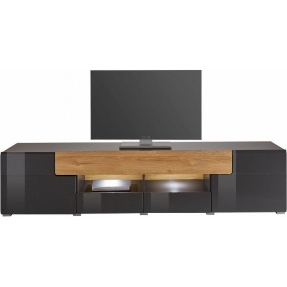 Meuble TV 2 portes 4 tiroirs et 2 niches, couleur gris et chêne, Gamme Dole b