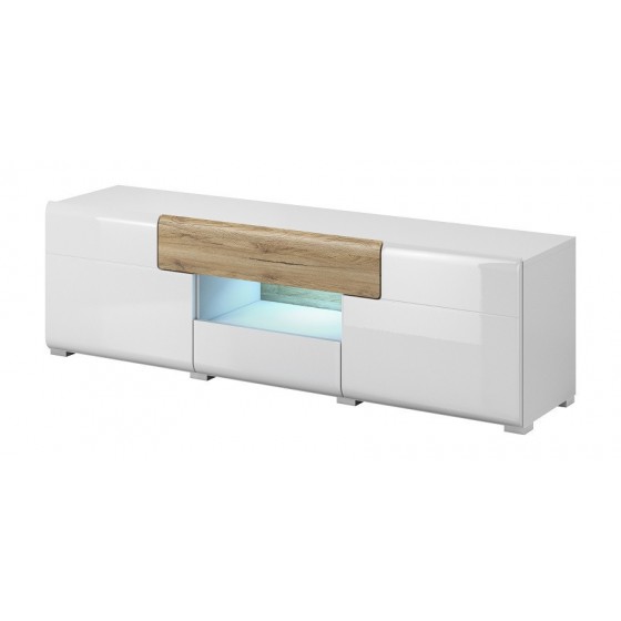 Meubles TV 2 portes 2 tiroirs et 1 niches, couleur blanc et chêne, Gamme Dole