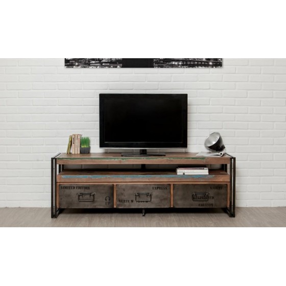 Meuble tv en teck recyclé, 1 niche, 3 tiroirs, Gamme atelier