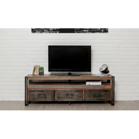 Meuble tv en teck recyclé, 1 niche, 3 tiroirs, Gamme atelier
