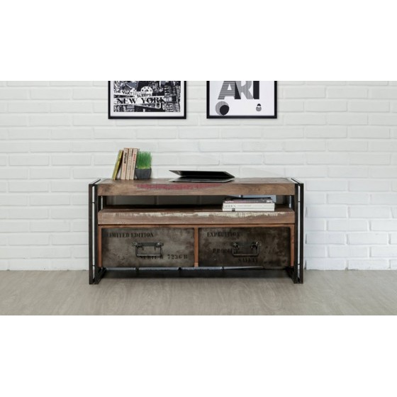 Meuble tv en teck recyclé, 1 niche, 2 tiroirs, Gamme atelier