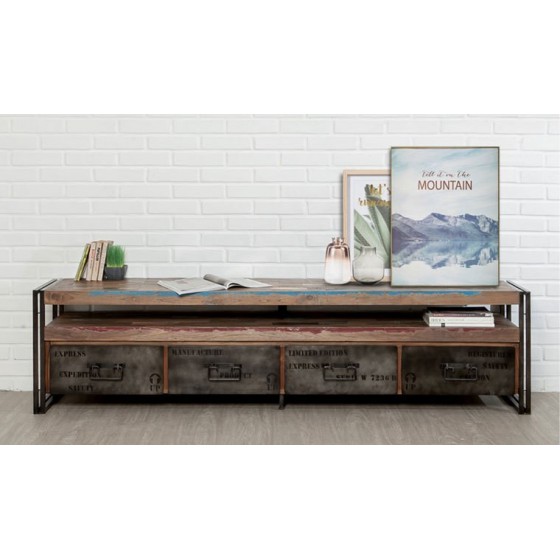 Meuble tv en teck recyclé, 1 niche, 4 tiroirs, Gamme atelier