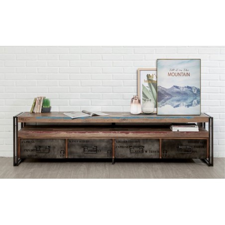 Meuble tv en teck recyclé, 1 niche, 4 tiroirs, Gamme atelier