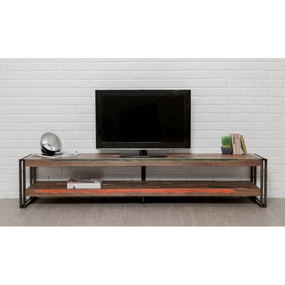 Meuble tv en teck recyclé, double plateau, Gamme atelier
