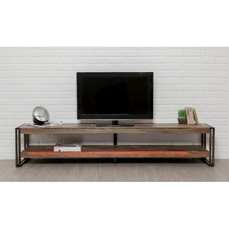 Meuble tv en teck recyclé, double plateau, Gamme atelier