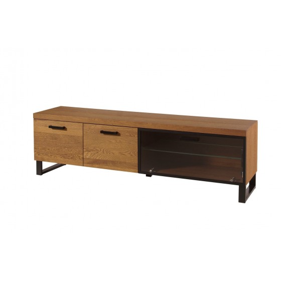 Meubles TV, façade en bois massif, 1 abattant vitré et 2 portes, pied en métal, couleur chêne, Gamme