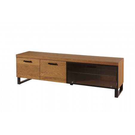 Meubles TV, façade en bois massif, 1 abattant vitré et 2 portes, pied en métal, couleur chêne, Gamme