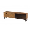 Meubles TV, façade en bois massif, 1 abattant vitré et 2 portes, pied en métal, couleur chêne, Gamme