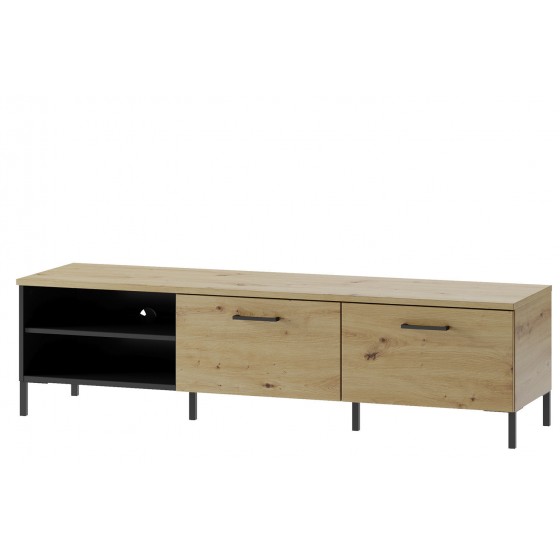 Meuble TV, 2 tiroirs et 2 niches, pieds en métal, couleur chêne artisanal avec éléments noirs mats,