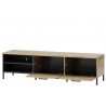 Meuble TV, 2 tiroirs et 2 niches, pieds en métal, couleur chêne artisanal avec éléments noirs mats,