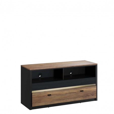 Meubles TV 1 tiroirs et 2 niches, 120 cm, couleur noir et bois, Gamme ARIZONA