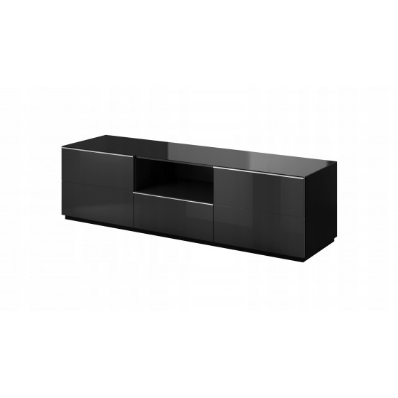 Meubles TV, 180 cm de longeur, 5 tiroirs et 1 niche, couleur verre noir / noir, Gamme LioNoir