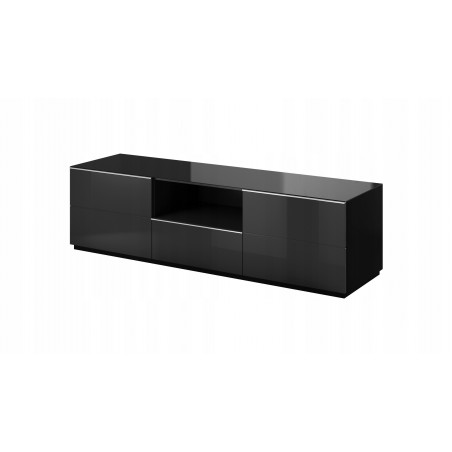 Meubles TV, 180 cm de longeur, 5 tiroirs et 1 niche, couleur verre noir / noir, Gamme LioNoir