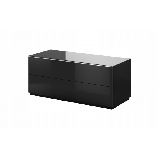 Meubles TV, 120 cm de longeur, 2 tiroirs, couleur verre noir / noir, Gamme LioNoir