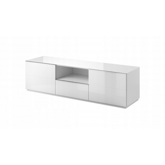 Meubles TV, 180 cm de longeur, 5 tiroirs et 1 niche, couleur verre blanc / blanc, Gamme LioBlanc