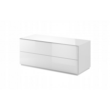 Meubles TV, 120 cm de longeur, 2 tiroirs, couleur verre blanc / blanc, Gamme LioBlanc