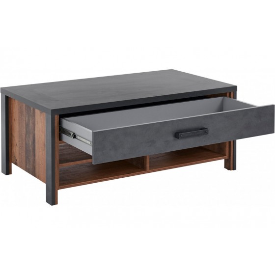 Table basse 107 cm de longueur, 1 tiroir 4 niches, couleur noir et bois, Gamme Buffo