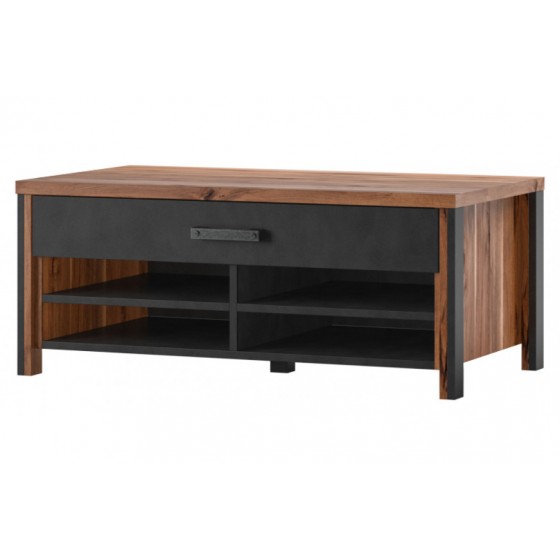 Table basse 107 cm de longueur, 1 tiroir 4 niches, couleur bois et tiroir noir, Gamme BuffoB