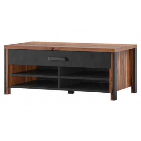 Table basse 107 cm de longueur, 1 tiroir 4 niches, couleur bois et tiroir noir, Gamme BuffoB