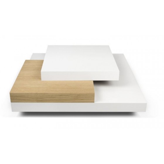 Table basse design carré 90x90, blanc et chêne, Gamme slate